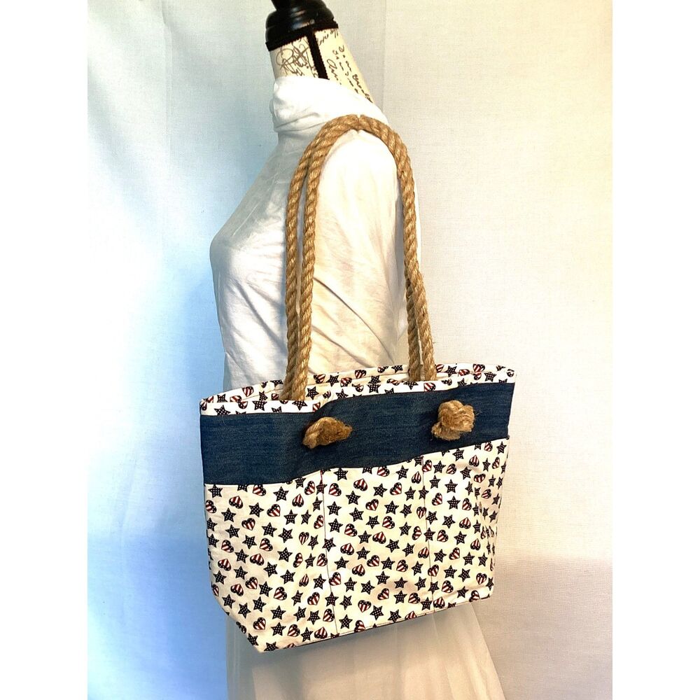 Starry Red White Blue Denim Open Top Tote Rope Handles Handcrafted NEW
